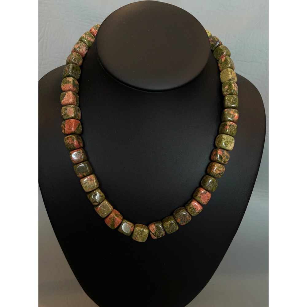 Unakite Beaded Necklace Chunky Cubes‎ 19"